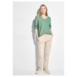 Cecil Damen 3/4 Arm Pullover Structured V-Neck Salvia Green Melange -Wellensteyn Shop cecil 3 4 arm structured v neck pullover gruen 15570 model