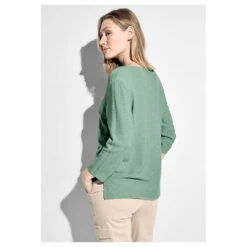 Cecil Damen 3/4 Arm Pullover Structured V-Neck Salvia Green Melange -Wellensteyn Shop cecil 3 4 arm structured v neck pullover gruen 15570 model hinten