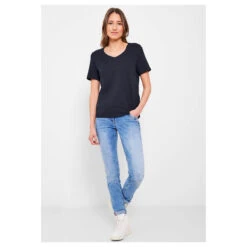 Cecil Basic Rounded V-Neck T-Shirt Deep Blue -Wellensteyn Shop cecil basic rounded v neck t shirt blau 10128 ansicht ganzkoerper