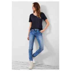 Cecil Basic Rounded V-Neck T-Shirt Deep Blue -Wellensteyn Shop cecil basic rounded v neck t shirt blau 10128 ansicht vorne