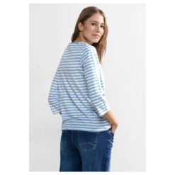 Cecil Damen 3/4 Arm Shirt Boatneck Melange Stripe Soda Blue -Wellensteyn Shop cecil boatneck melange stripe 3 4 arm shirt blau 25568 model hinten