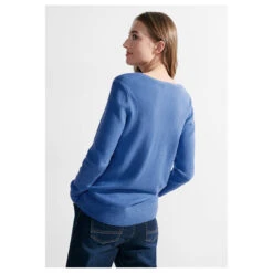 Cecil Damen Pullover Cosy Mix Rounded V-Neck Water Blue Melange -Wellensteyn Shop cecil cosy rounded v neck pullover blau 15553 model hinten