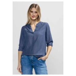 Cecil Damen 3/4 Arm Bluse Lyocell Mid Blue Wash -Wellensteyn Shop cecil lyocell blouse bluse blau 10281 model vorne