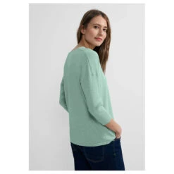 Cecil Damen 3/4 Arm Pullover Oversized V-Neck Salvia Green Melange -Wellensteyn Shop cecil oversized v neck pullover gruen 15570 model hinten