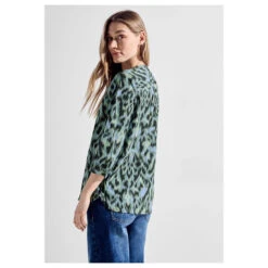 Cecil Damen 3/4 Arm Bluse Printed Light Cotton Strong Khaki Printed -Wellensteyn Shop cecil printed light cotton blouse bluse gruen 35382 model hinten