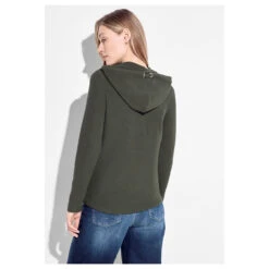 Cecil Damen Hoodie Shirtjacke Solid Cool Khaki -Wellensteyn Shop cecil solid jacket sweatjacke gruen 15747 model hinten