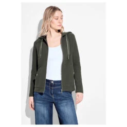 Cecil Damen Hoodie Shirtjacke Solid Cool Khaki -Wellensteyn Shop cecil solid jacket sweatjacke gruen 15747 model vorne