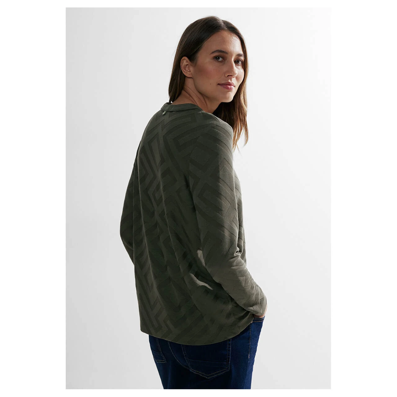 Cecil Damen Langarm Shirt Solid Jacquard Tunic Dynamic Khaki 5 Cecil Damen Langarm Shirt Solid Jacquard Tunic Dynamic Khaki – Bild 3