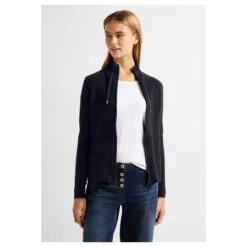 Cecil Damen Strickjacke Cosy Structured Zip Cardigan Night Sky Blue -Wellensteyn Shop cecil strickjacke dunkelblau 14077 model