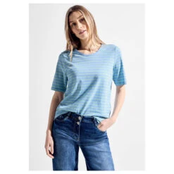 Cecil Damen T-Shirt Stripe Basic Roundneck Soft Light Blue -Wellensteyn Shop cecil stripe basic roundneck blau 25877 model vorne