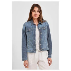 Cecil Jeansjacke Mid Blue Used Stripes 11 Cecil Jeansjacke Mid Blue Used Stripes -Wellensteyn Shop cecil stripe denim jacket jeansjacke blau 20235 ansicht front