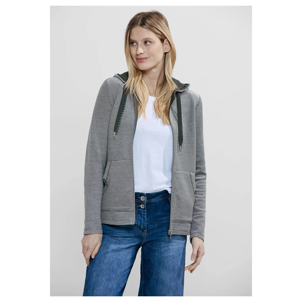 Cecil Damen Hoodie Shirtjacke Stripe Dessin Strong Khaki 4 Cecil Damen Hoodie Shirtjacke Stripe Dessin Strong Khaki – Bild 2