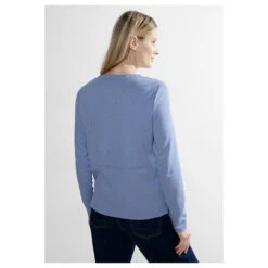 Cecil Damen Sweatshirt Striped Jacquard Water Blue -Wellensteyn Shop cecil striped jacquard shirt blau 25298 model hinten