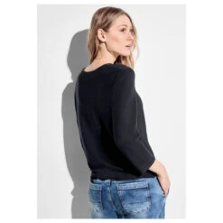Cecil Damen 3/4 Arm Pullover Structured V-Neck Universal Blue -Wellensteyn Shop cecil structured v neck pullover blau 15512 model hinten