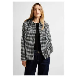 Cecil Damen Jacke Vichy With Hoody Black -Wellensteyn Shop cecil vichy overshirt with hoody schwarz 20001 model vorne