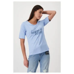 Monari Damen T-Shirt Light Blue Glitter -Wellensteyn Shop monari denim love t shirt blau 714 model detail vorne