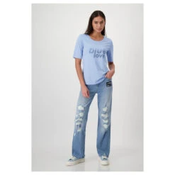 Monari Damen T-Shirt Light Blue Glitter -Wellensteyn Shop monari denim love t shirt blau 714 model vorne