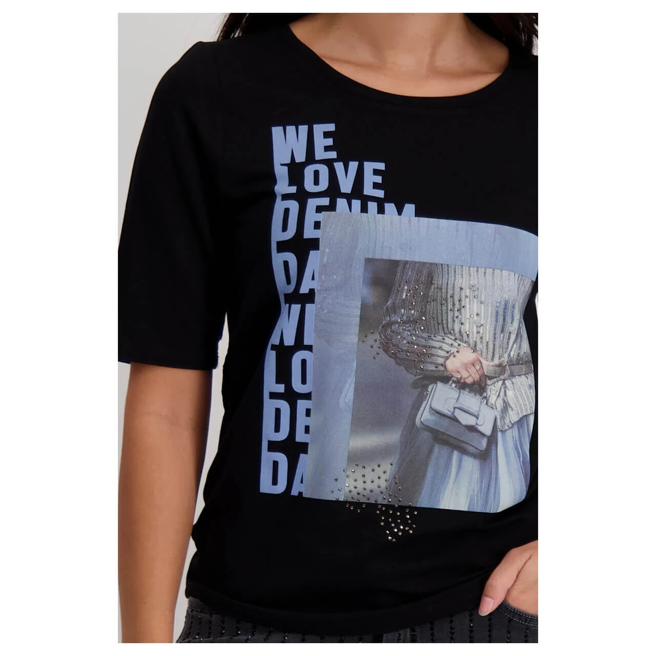 Monari Damen T-Shirt Black Glitter Blue Print 8 Monari Damen T-Shirt Black Glitter Blue Print – Bild 6