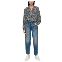 S.Oliver Damen Langarm Bluse Navy Blue Print -Wellensteyn Shop s oliver bluse blau weiss muster 59A6 ansicht model vorn