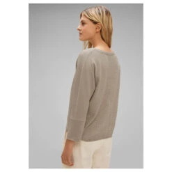 Street One Damen 3/4 Arm Pullover 2-Color Knit Look Sand Melange -Wellensteyn Shop street one 2 color knit shirt beige 25379 ansicht model hinten