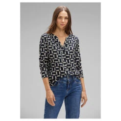Street One Bamika Damen Langarm Bluse Deep Dark Blue Printed -Wellensteyn Shop street one bamika print bluse blau 21238 front