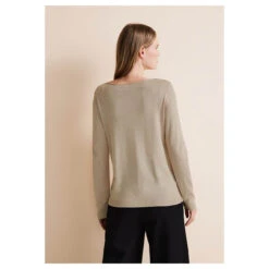 Street One Damen Pullover Basic U-Boat Sweater Sand Melange -Wellensteyn Shop street one basic u boat sweate pullover beige 15379 model hinten