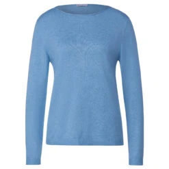 Street One Damen Pullover Basic U-Boat Sweater Light Blue Melange