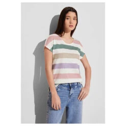 Street One Damen T-Shirt Big Multicolor Stripe Off White -Wellensteyn Shop street one big multicolor striped shirt weiss 30108 model vorne