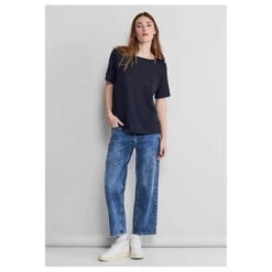 Street One Damen T-Shirt Knit Look Deep Blue -Wellensteyn Shop street one knit look shirt rundhalsshirt blau 11238 model