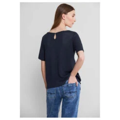 Street One Damen T-Shirt Knit Look Deep Blue -Wellensteyn Shop street one knit look shirt rundhalsshirt blau 11238 model hinten