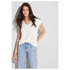 Street One Damen T-Shirt Linen Look Off White 9 Street One Damen T-Shirt Linen Look Off White -Wellensteyn Shop street one linen look shirt weiss 10108 model front