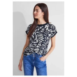 Street One Damen T-Shirt Printed Mat-Mix Deep Blue -Wellensteyn Shop street one printed mat mix shirt blau 21238 model vorne
