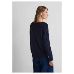 Street One Damen Pullover Rib Neck U-Boat Deep Blue -Wellensteyn Shop street one rib neck u boat shirt rundhalsshirt blau 11238 model hinten