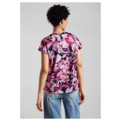 Street One Damen Kurzarm Bluse Splitneck Magnolia Pink Flower -Wellensteyn Shop street one shirtblouse splitneck hemdbluse rosa 35755 model hinten