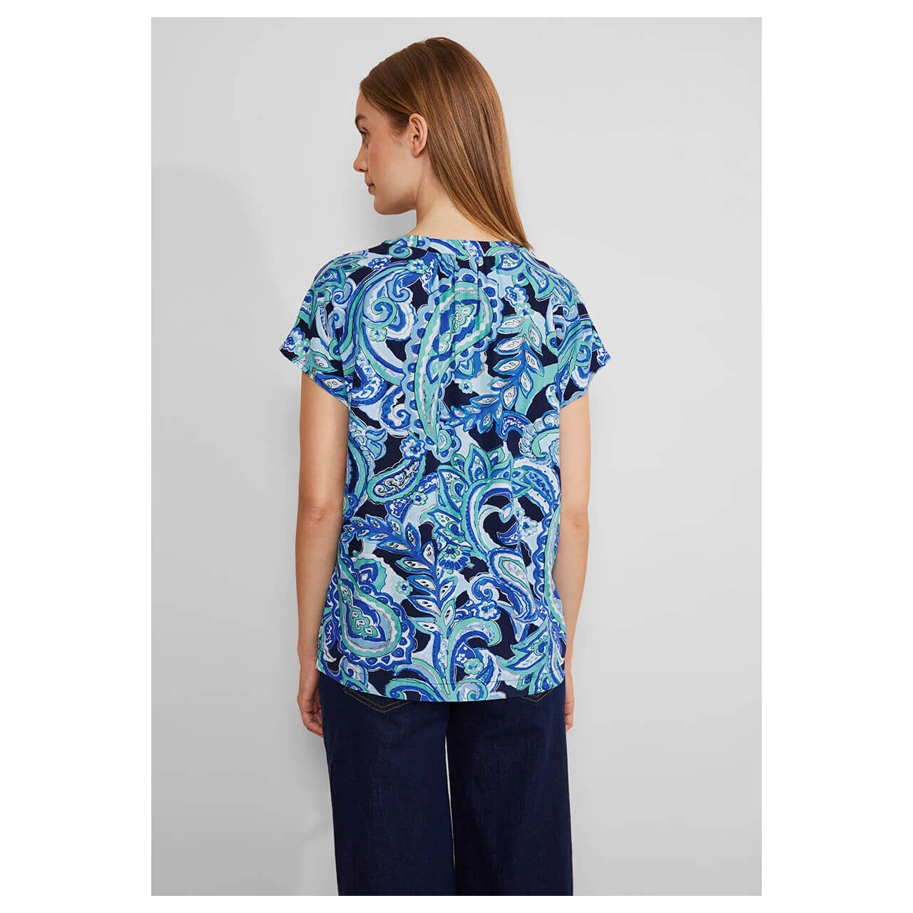 Street One Damen Kurzarm Bluse Splitneck Intense Aqua 5 Street One Damen Kurzarm Bluse Splitneck Intense Aqua – Bild 3