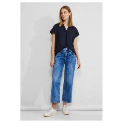 Street One Damen Kurzarm Bluse Splitneck Dark Blue -Wellensteyn Shop street one shirtblouse with splitneck hemdbluse blau 11238 model