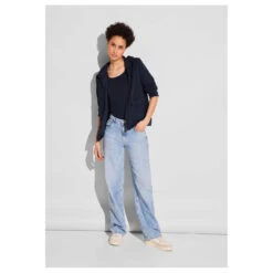 Street One Damen 3/4 Arm Hoodie Shirtjacke Silk Look Deep Blue -Wellensteyn Shop street one silk look hoody jacket sweatjacke blau 11238 model