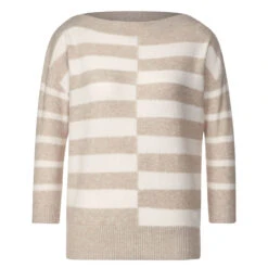 Street One Damen 3/4 Arm Pullover Striped U-Boat Sweater Sand Melange