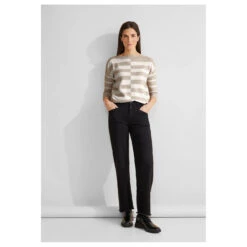 Street One Damen 3/4 Arm Pullover Striped U-Boat Sweater Sand Melange -Wellensteyn Shop street one striped sweater pullover beige 25379 model