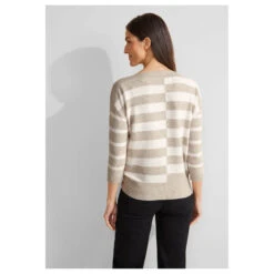 Street One Damen 3/4 Arm Pullover Striped U-Boat Sweater Sand Melange -Wellensteyn Shop street one striped sweater pullover beige 25379 model hinten
