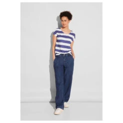 Street One Damen T-Shirt Two-color Stripe Deep Water Blue -Wellensteyn Shop street one two color stripemix shirt blau 25390 model