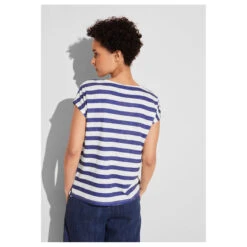 Street One Damen T-Shirt Two-color Stripe Deep Water Blue -Wellensteyn Shop street one two color stripemix shirt blau 25390 model hinten