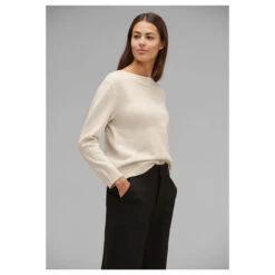 Street One Damen Pullover U-Boat Sweater Whisper Cream Melange -Wellensteyn Shop street one uboat sweater beige 15244 model seite