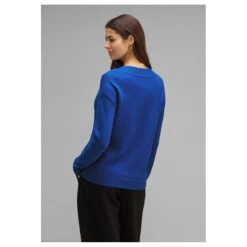 Street One Damen Pullover V-neck Sweater Fresh Intense Gentle Blue Melange -Wellensteyn Shop street one v neck sweater blau 15377 model hinten