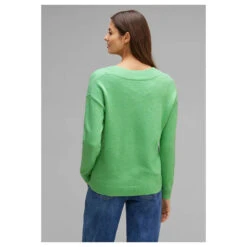 Street One Damen Pullover V-neck Sweater Light Green Melange -Wellensteyn Shop street one v neck sweater gruen 15380 model hinten