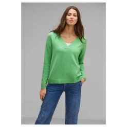 Street One Damen Pullover V-neck Sweater Light Green Melange -Wellensteyn Shop street one v neck sweater gruen 15380 model vorne