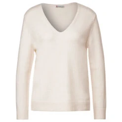 Street One Damen Pullover V-neck Cream White Melange
